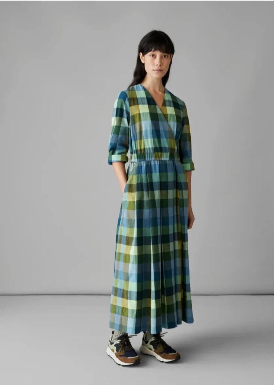 Toast Cabin Check Organic Cotton Surplice Maxi Shirt Dress Juniper Women's 12